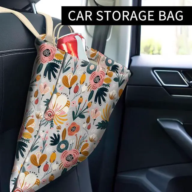 Alt view image 2 of 5 - Car Trash Can, Cute Car Trash Bag, Hanging Car Organizer and Storage Bag, Trash Bin for Car Accessories, Vehicle, Travelling, Camping Cute Blue Flowers