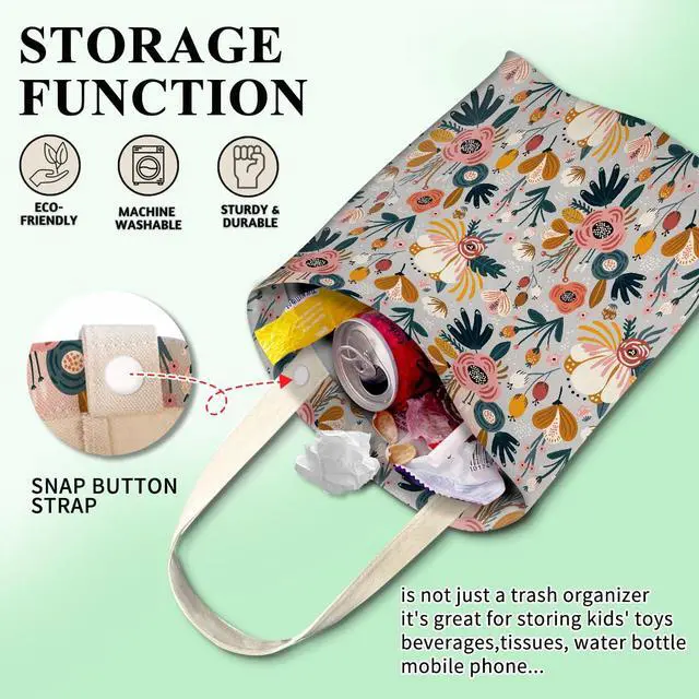 Alt view image 3 of 5 - Car Trash Can, Cute Car Trash Bag, Hanging Car Organizer and Storage Bag, Trash Bin for Car Accessories, Vehicle, Travelling, Camping Cute Blue Flowers