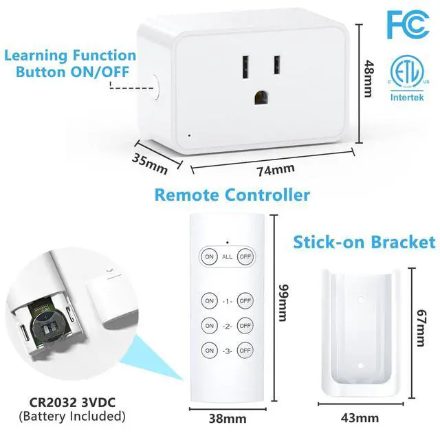 Alt view image 3 of 6 - Remote Control Outlet, Wireless Electrical Outlets Switch Plug for Household Appliances, Christmas Lights, 100FT Range, Programmable, 1875W/15A, FCC & ETL Listed (1Socket+1 Remote +1 Bracket)