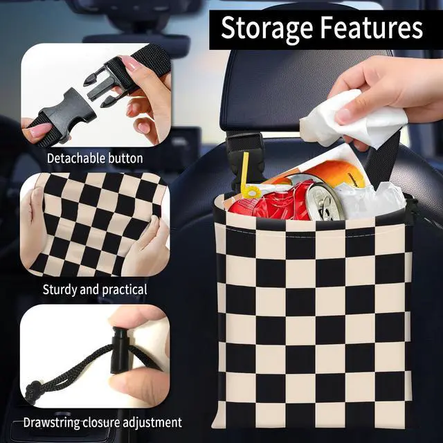 Alt view image 2 of 5 - Car Trash Bag Large Hanging Can for Back of Seat, Cute Waterproof Car Garbage Bag for Vehicle, Travelling, Outdoor Cute Black Beige Plaid
