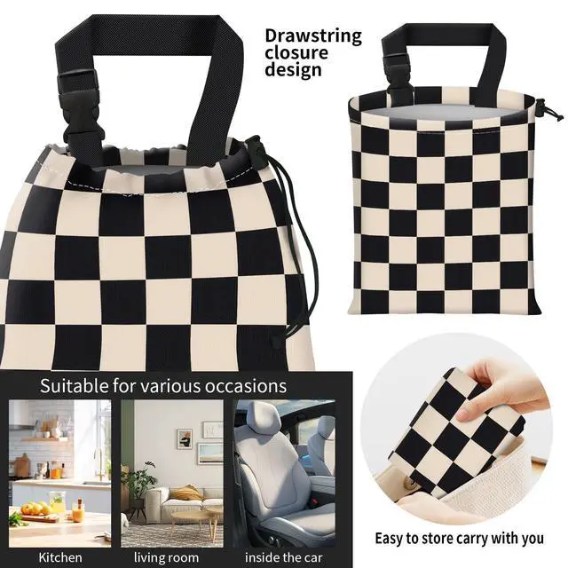 Alt view image 4 of 5 - Car Trash Bag Large Hanging Can for Back of Seat, Cute Waterproof Car Garbage Bag for Vehicle, Travelling, Outdoor Cute Black Beige Plaid