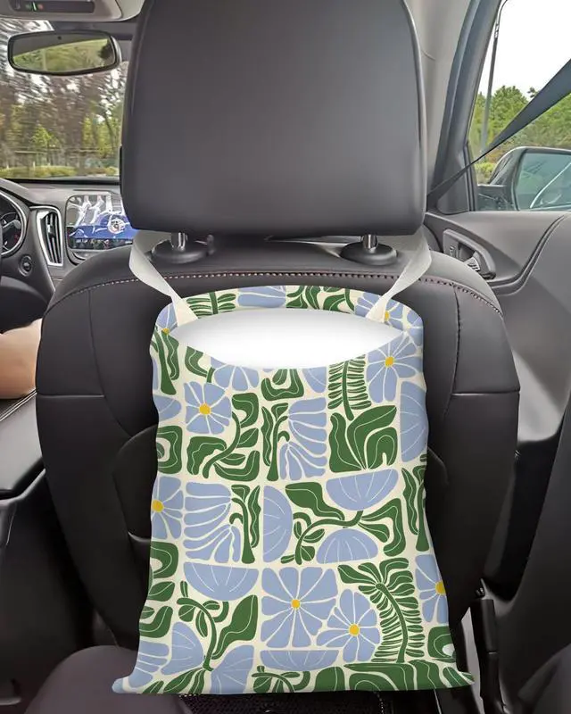 Alt view image 2 of 5 - Car Trash Can, Seat Back Hanging Trash Bag, Cute Canvas Garbage Bag, Essential Car Trash Bin Cars Organizers Floral Leaves