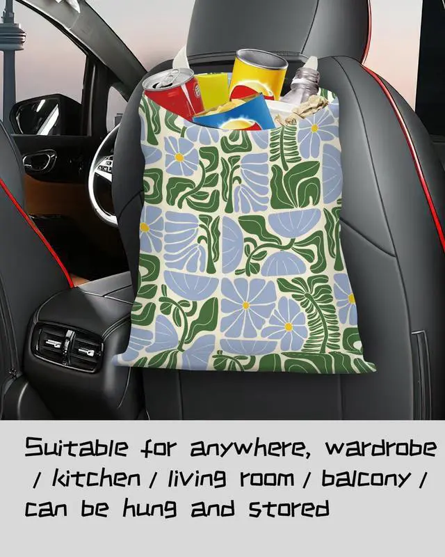 Alt view image 4 of 5 - Car Trash Can, Seat Back Hanging Trash Bag, Cute Canvas Garbage Bag, Essential Car Trash Bin Cars Organizers Floral Leaves