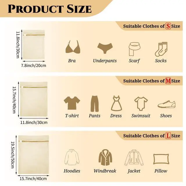 Alt view image 2 of 7 - 6-Piece Bag, Durable Cotton Mesh Laundry Bag, Protective Zipper, Gentle Wash Bags for Clothes, Underwear, Bras, Socks - Machine Wash & Travel Organizer Set