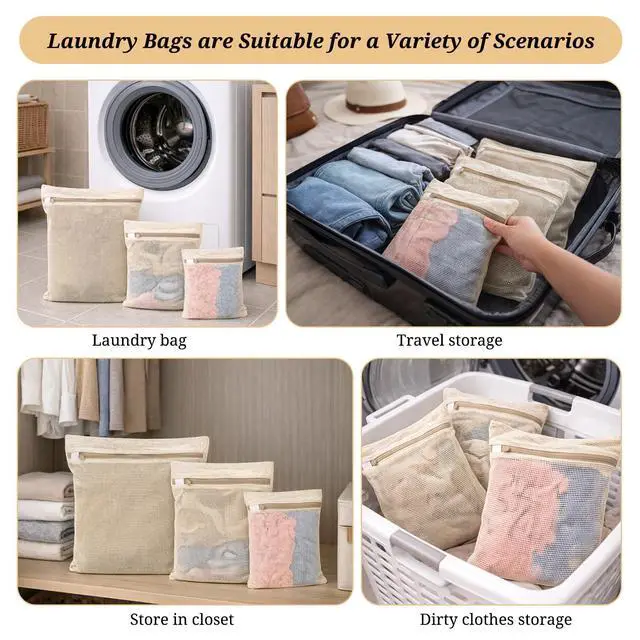 Alt view image 7 of 7 - 6-Piece Bag, Durable Cotton Mesh Laundry Bag, Protective Zipper, Gentle Wash Bags for Clothes, Underwear, Bras, Socks - Machine Wash & Travel Organizer Set