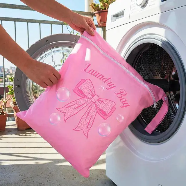 Alt view image 3 of 7 - 2 Pcs Large Travel Laundry Bags Waterproof Wet Dry Bag, Washable Dirty Clothes Bags for TravelDrawstring, Bathing Suit, Workout, Gym Clothes Laundry, Swimming Pool & College Dorm, Pink Bow
