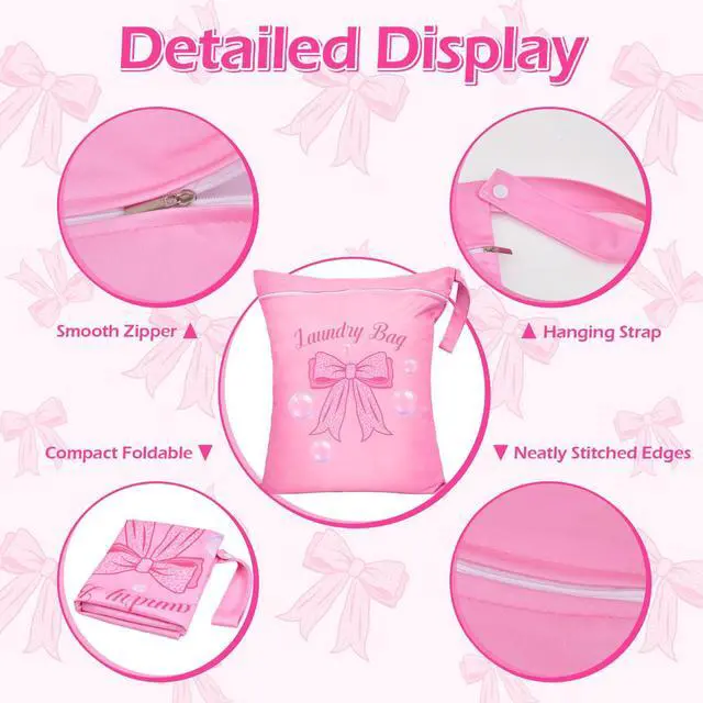 Alt view image 4 of 7 - 2 Pcs Large Travel Laundry Bags Waterproof Wet Dry Bag, Washable Dirty Clothes Bags for TravelDrawstring, Bathing Suit, Workout, Gym Clothes Laundry, Swimming Pool & College Dorm, Pink Bow
