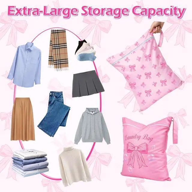 Alt view image 6 of 7 - 2 Pcs Large Travel Laundry Bags Waterproof Wet Dry Bag, Washable Dirty Clothes Bags for TravelDrawstring, Bathing Suit, Workout, Gym Clothes Laundry, Swimming Pool & College Dorm, Pink Bow