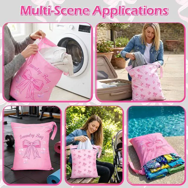Alt view image 7 of 7 - 2 Pcs Large Travel Laundry Bags Waterproof Wet Dry Bag, Washable Dirty Clothes Bags for TravelDrawstring, Bathing Suit, Workout, Gym Clothes Laundry, Swimming Pool & College Dorm, Pink Bow