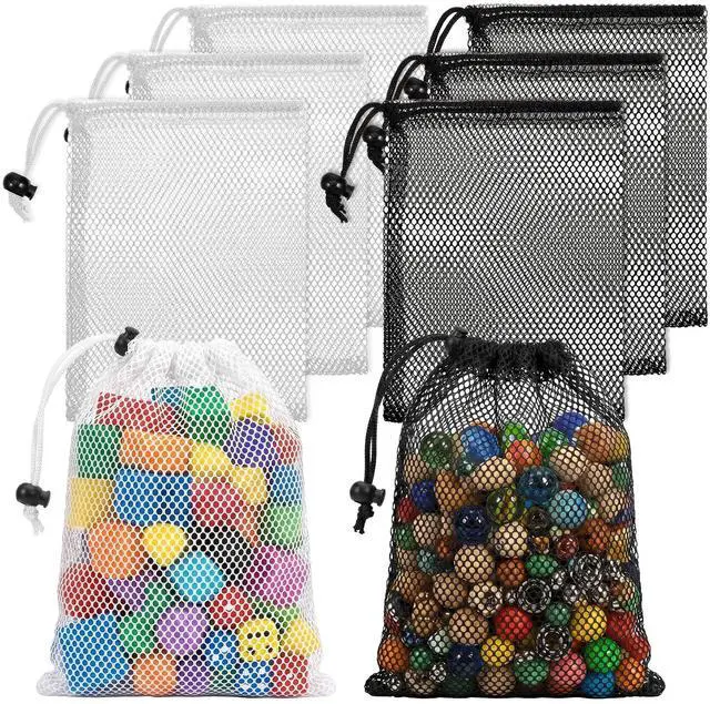 Main image of 6 Pcs Small Mesh Drawstring Bag, 6 X 8 Inch Polyester Mesh Storage Bags Mini Net Bag Small Travel Stuff Bags for Laundry Travel Beach Toys Fruit (Black and White)