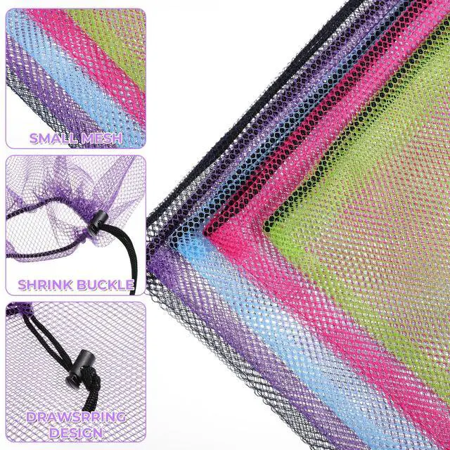 Alt view image 7 of 7 - 5 Pcs Mesh Drawstring Bag with Lock, Colorful Net Bag Large Mesh Laundry Bags Nylon Storage Bags for Stuff Sack Pouch Pool Beach Bath Organizer Gym Swim Produce Gift 15.7 X 13.7 Inch