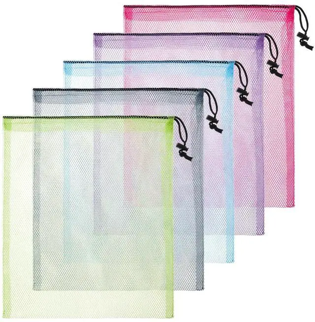 Main image of 5 Pcs Mesh Drawstring Bag with Lock, Colorful Net Bag Large Mesh Laundry Bags Nylon Storage Bags for Stuff Sack Pouch Pool Beach Bath Organizer Gym Swim Produce Gift 15.7 X 13.7 Inch