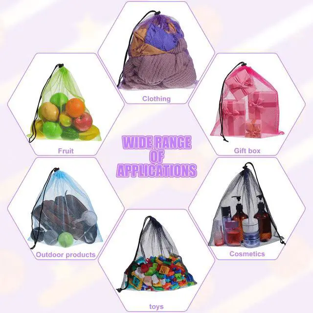 Alt view image 4 of 7 - 5 Pcs Mesh Drawstring Bag with Lock, Colorful Net Bag Large Mesh Laundry Bags Nylon Storage Bags for Stuff Sack Pouch Pool Beach Bath Organizer Gym Swim Produce Gift 15.7 X 13.7 Inch