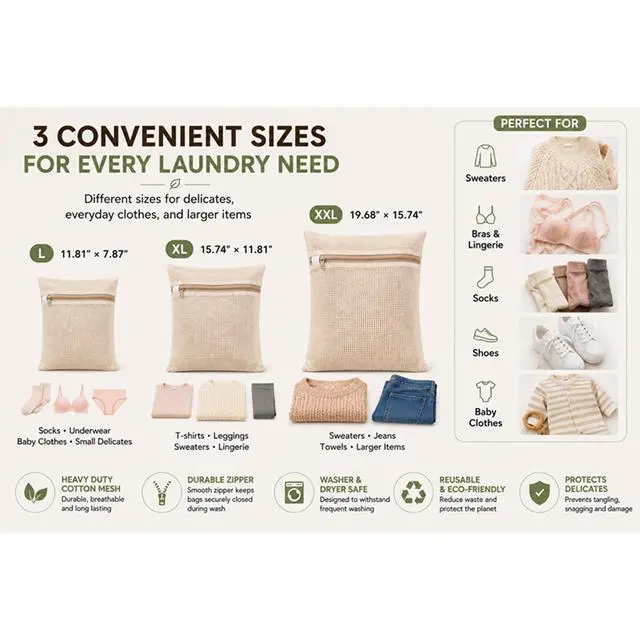 Alt view image 2 of 7 - Cotton Mesh Laundry Bags, Set of 3 Premium Soft Undyed Wash Bags for Delicates, Bras, Underwear, Clothes and Shoes, Natural Breathable Washer and Dryer Safe Laundry Protector Bags