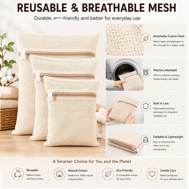 Alt view image 3 of 7 - Cotton Mesh Laundry Bags, Set of 3 Premium Soft Undyed Wash Bags for Delicates, Bras, Underwear, Clothes and Shoes, Natural Breathable Washer and Dryer Safe Laundry Protector Bags
