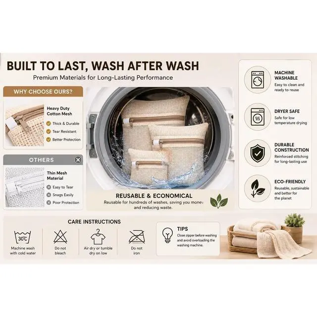 Alt view image 5 of 7 - Cotton Mesh Laundry Bags, Set of 3 Premium Soft Undyed Wash Bags for Delicates, Bras, Underwear, Clothes and Shoes, Natural Breathable Washer and Dryer Safe Laundry Protector Bags