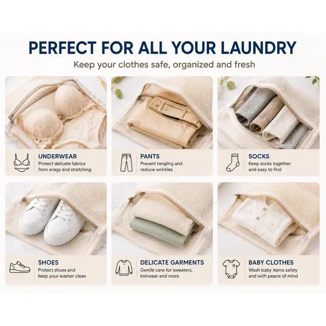 Alt view image 4 of 7 - Cotton Mesh Laundry Bags, Set of 3 Premium Soft Undyed Wash Bags for Delicates, Bras, Underwear, Clothes and Shoes, Natural Breathable Washer and Dryer Safe Laundry Protector Bags