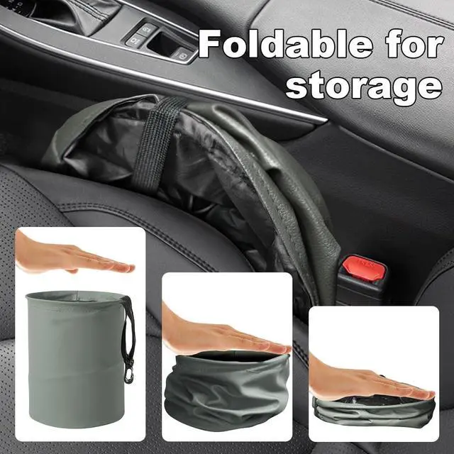Alt view image 3 of 7 - Collapsible Trash Can Car Garbage Bag - Leather Pop-up Car Trash Bin with Elastic Band - Hanging Foldable Garbage Can Vehicle Waste Basket Bin - Double-Layer Washable Bag for Cars Camping (Grey)