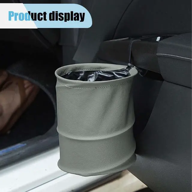 Alt view image 5 of 7 - Collapsible Trash Can Car Garbage Bag - Leather Pop-up Car Trash Bin with Elastic Band - Hanging Foldable Garbage Can Vehicle Waste Basket Bin - Double-Layer Washable Bag for Cars Camping (Grey)