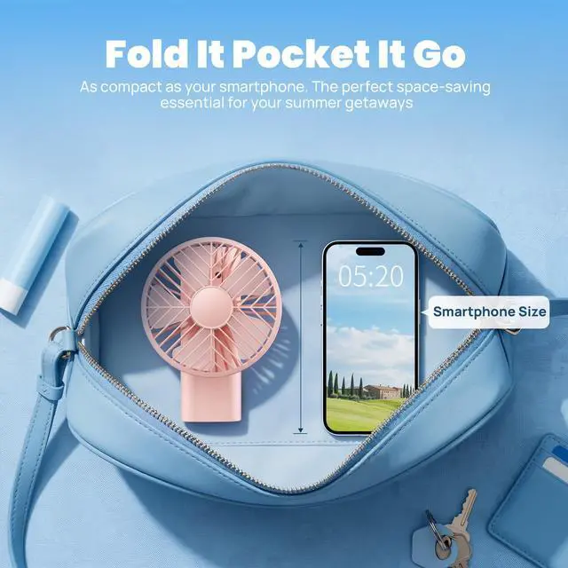 Alt view image 5 of 7 - Handheld Fan Rechargeable, Portable Mini Fan with 3000mAh Battery, Up to 10H Runtime, 180° Foldable Personal Fan, USB Travel Fan for Pocket, Office, Bedroom, Camping