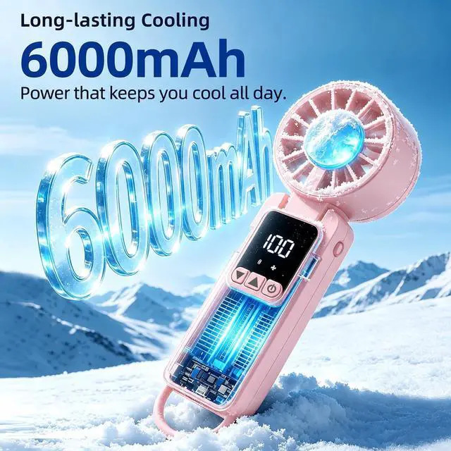 Alt view image 2 of 7 - Portable HandHeld Turbo Fan 6000mAh,Portable Handheld USB Rechargeable Fans with 1-199 Speeds Adjustment with LED Display and Foldable Design for Outdoor/Office/Travel/Women/Gifts(Pink)