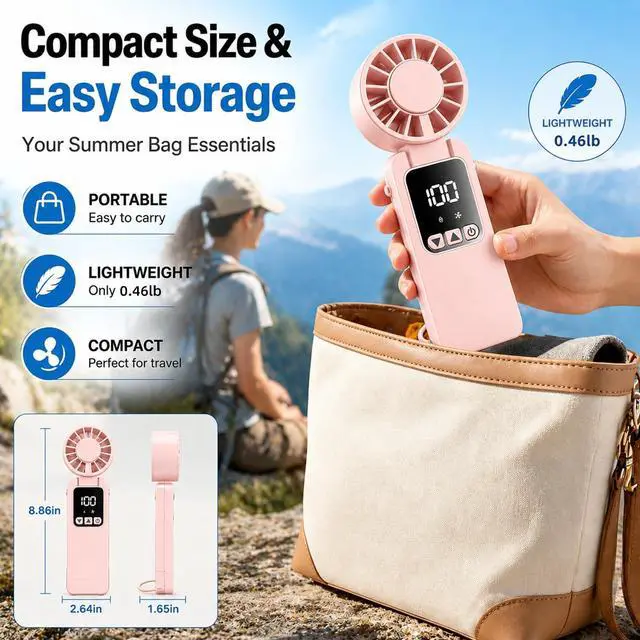 Alt view image 5 of 7 - Portable HandHeld Turbo Fan 6000mAh,Portable Handheld USB Rechargeable Fans with 1-199 Speeds Adjustment with LED Display and Foldable Design for Outdoor/Office/Travel/Women/Gifts(Pink)