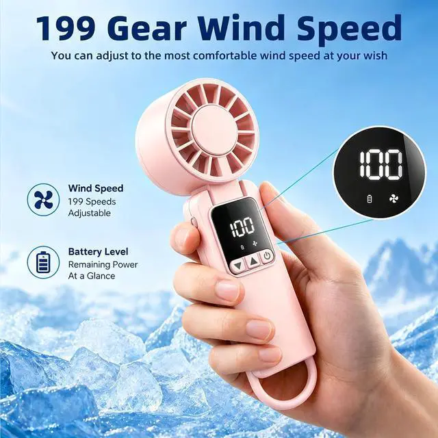 Alt view image 3 of 7 - Portable HandHeld Turbo Fan 6000mAh,Portable Handheld USB Rechargeable Fans with 1-199 Speeds Adjustment with LED Display and Foldable Design for Outdoor/Office/Travel/Women/Gifts(Pink)