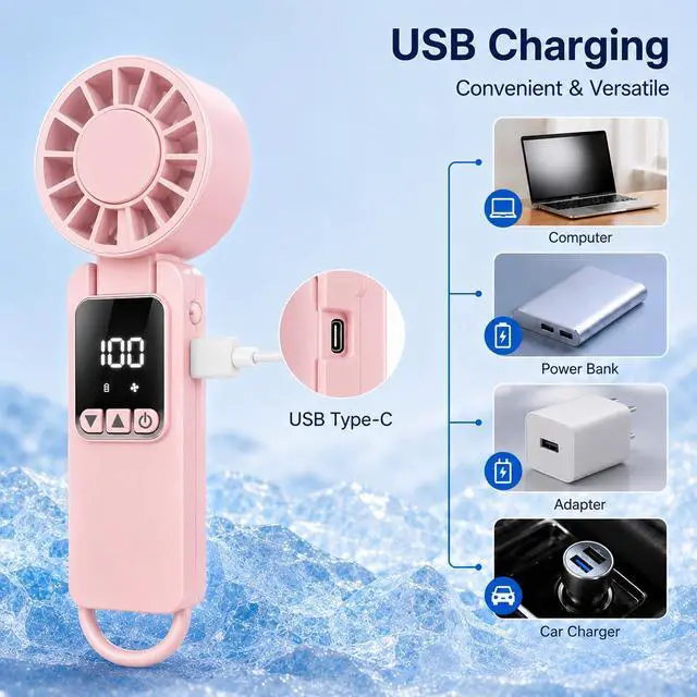 Alt view image 4 of 7 - Portable HandHeld Turbo Fan 6000mAh,Portable Handheld USB Rechargeable Fans with 1-199 Speeds Adjustment with LED Display and Foldable Design for Outdoor/Office/Travel/Women/Gifts(Pink)