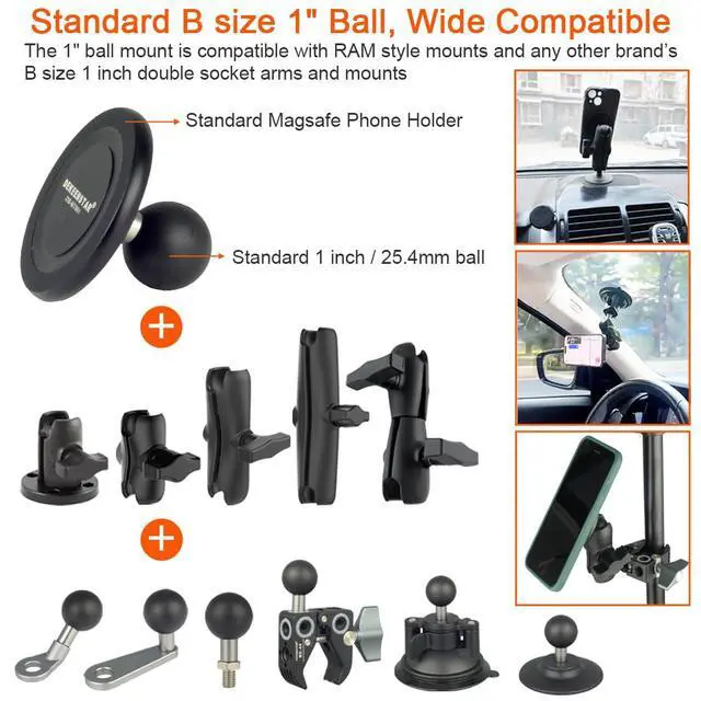 Alt view image 2 of 7 - Magnetic Phone Holder Base with B Size 1 inch Ball for Magsafe iPhone 17/16/15/14/13/12 Compatible with RAM mounts B Size Double Socket Arm Magnetic Ball Phone Holder for Car