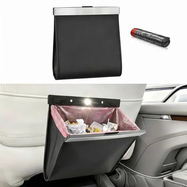 Main image of Car Trash Can with Smart LED Light, Magnetic Closure Leather Car Trash Bin, Cars Garbage Organizer and Storage with Automotive Trashs Bag for Backseat Console Door Suvs, Leak Proof Odor Lock