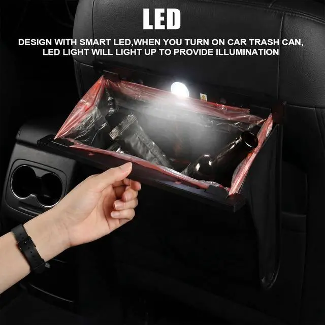 Alt view image 5 of 6 - Car Trash Can with Smart LED Light, Magnetic Closure Leather Car Trash Bin, Cars Garbage Organizer and Storage with Automotive Trashs Bag for Backseat Console Door Suvs, Leak Proof Odor Lock