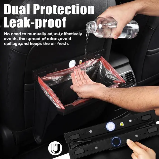 Alt view image 4 of 6 - Car Trash Can with Smart LED Light, Magnetic Closure Leather Car Trash Bin, Cars Garbage Organizer and Storage with Automotive Trashs Bag for Backseat Console Door Suvs, Leak Proof Odor Lock