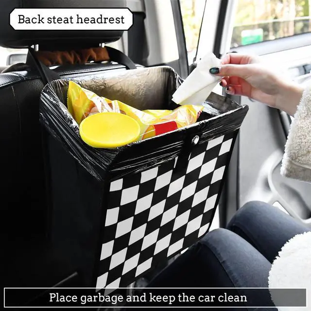 Alt view image 6 of 7 - Car Trash Can Car Organizer Car Garbage Can with Adjustable Strap for Back Front Seat Console Waterproof Leakproof Collapsible Portable 11 Inch Checkerboard