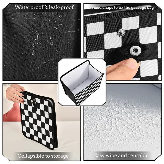 Alt view image 5 of 7 - Car Trash Can Car Organizer Car Garbage Can with Adjustable Strap for Back Front Seat Console Waterproof Leakproof Collapsible Portable 11 Inch Checkerboard