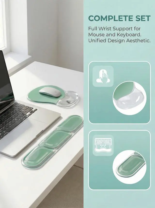 Alt view image 2 of 7 - Ergonomic Gel Mouse Pad and Keyboard Wrist Rest Set, Crystal Gel Cushion Support, PU Base, Smooth Tracking Surface, Easy to Clean Desk Accessories for Office Home Laptop (Gradient Mint Green)