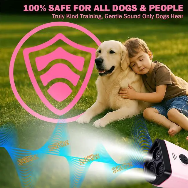 Alt view image 3 of 7 - Anti Barking Device for Dogs, 3X Ultrasonic Dog Bark Deterrent Devices to Stop Own or Neighbor's Dog Barking, 5 Modes 35FT Range, Safe for Dogs Training, Bark Control Indoor Outdoor, Pink