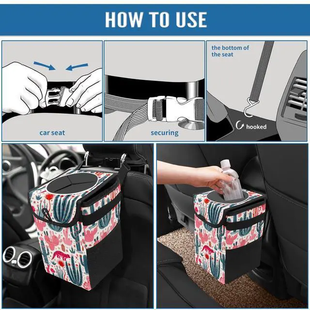 Alt view image 7 of 7 - Car Trash Can Lightweight and Portable with Durable Water-Resistant Coating, No Installation Required, Practical and Ample Capacity,Car Accessories Interior Car Organizer. Cactus