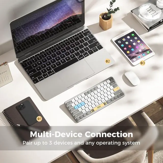 Alt view image 4 of 7 - BK50 Compact Bluetooth Keyboard, Portable, Vibrant Colors, Silent Typing, Syncs with 3 Devices Compatible with Tablet, iPad, iPhone, Windows