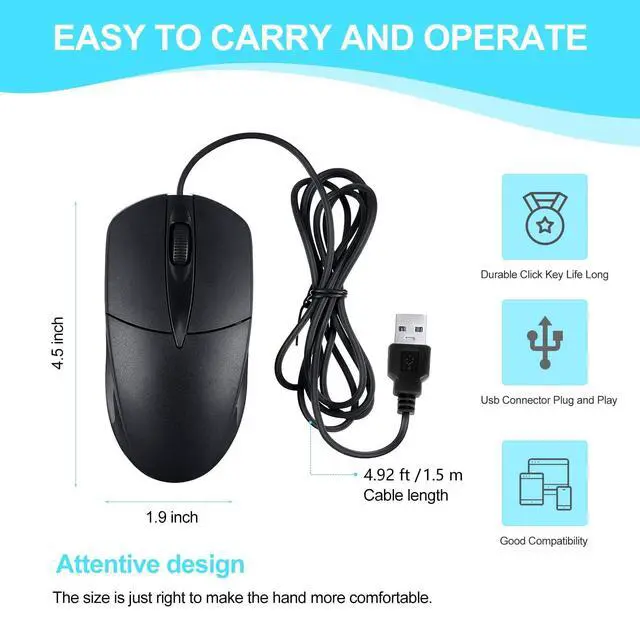 Alt view image 2 of 7 - 10 PCS Black Wired Computer Mouse Bulk USB 1000 DPI 3 Button Corded Mouse with Home Office Noiseless Simple USB Mouse for Computer Laptop Desktop PC
