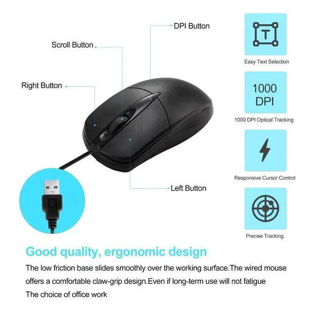 Alt view image 3 of 7 - 10 PCS Black Wired Computer Mouse Bulk USB 1000 DPI 3 Button Corded Mouse with Home Office Noiseless Simple USB Mouse for Computer Laptop Desktop PC