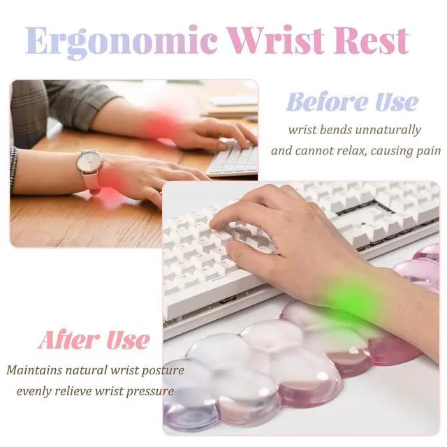 Alt view image 4 of 7 - Gel Keyboard Wrist Rest Cloud Set, Clear Ergonomic Wrist Support and Arm Support Keyboard Rest for Typing Pain Relief, with Non-Slip Soft Washable Wrist Rest(Pink Blue)