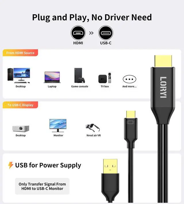 Alt view image 7 of 7 - HDMI to USB-C Cable, Xreal Air AR 4K@60Hz 6.6ft HDMI to Type-C,USB Powered, Hdmi to USB-C Adapter, Compatible for Mobile Monitor,Nreal Air, Xreal AR, Rokid air, Switch, Steam Deck