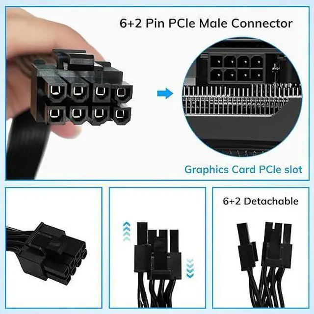 Alt view image 5 of 6 - 8 Pin PCIE Cable, 8 Pin Male to 6+2 Male GPU Power Cable, Compatible with Corsair, Thermaltake, ARESGAME Modular Power Supply (Not for EVGA PSU)