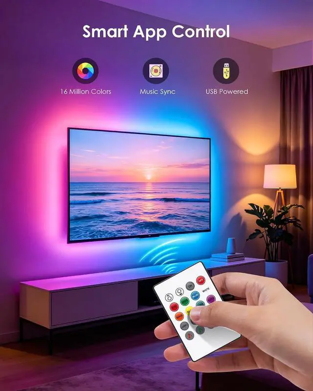 Alt view image 4 of 6 - LED Lights for TV, 16.4ft RGB TV Backlight for 45-75 Inch TVs, Bluetooth APP & 20-Key Remote Control, Music Sync 5050 RGB LED Strip Lights USB Powered, Ambient Lighting for Bedroom Gaming Room