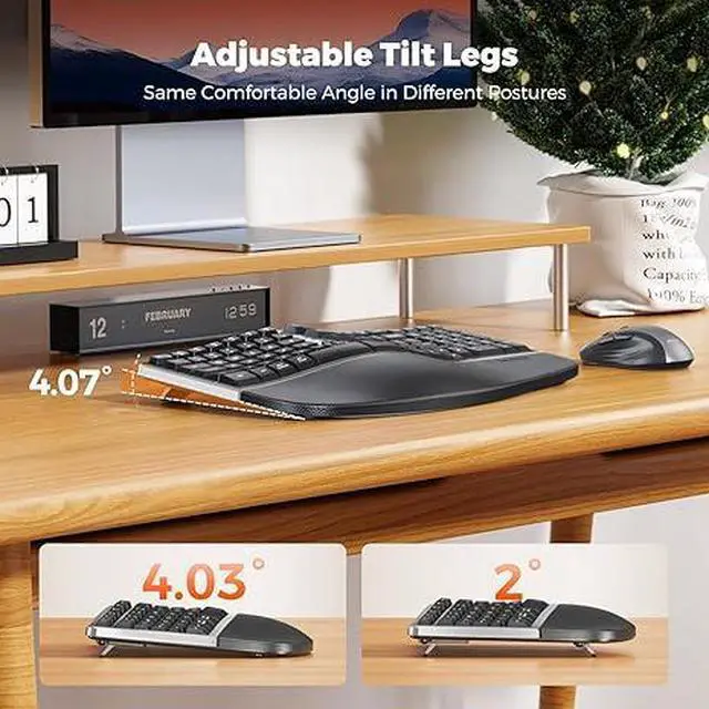 Alt view image 2 of 7 - Ergonomic Wireless Keyboard and Mouse Combo, 2.4G Curved Compact Keyboard with Cushioned Palm Rest, 4 Level DPI Adjustable Wireless Mouse, for Windows/Mac/Desktop/Laptop/PC, Gray Black