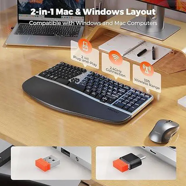 Alt view image 7 of 7 - Ergonomic Wireless Keyboard and Mouse Combo, 2.4G Curved Compact Keyboard with Cushioned Palm Rest, 4 Level DPI Adjustable Wireless Mouse, for Windows/Mac/Desktop/Laptop/PC, Gray Black