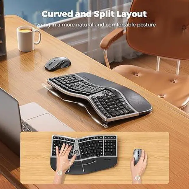 Alt view image 6 of 7 - Ergonomic Wireless Keyboard and Mouse Combo, 2.4G Curved Compact Keyboard with Cushioned Palm Rest, 4 Level DPI Adjustable Wireless Mouse, for Windows/Mac/Desktop/Laptop/PC, Gray Black
