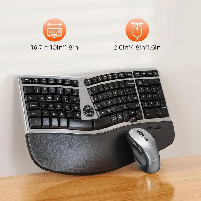Alt view image 4 of 7 - Ergonomic Wireless Keyboard and Mouse Combo, 2.4G Curved Compact Keyboard with Cushioned Palm Rest, 4 Level DPI Adjustable Wireless Mouse, for Windows/Mac/Desktop/Laptop/PC, Gray Black