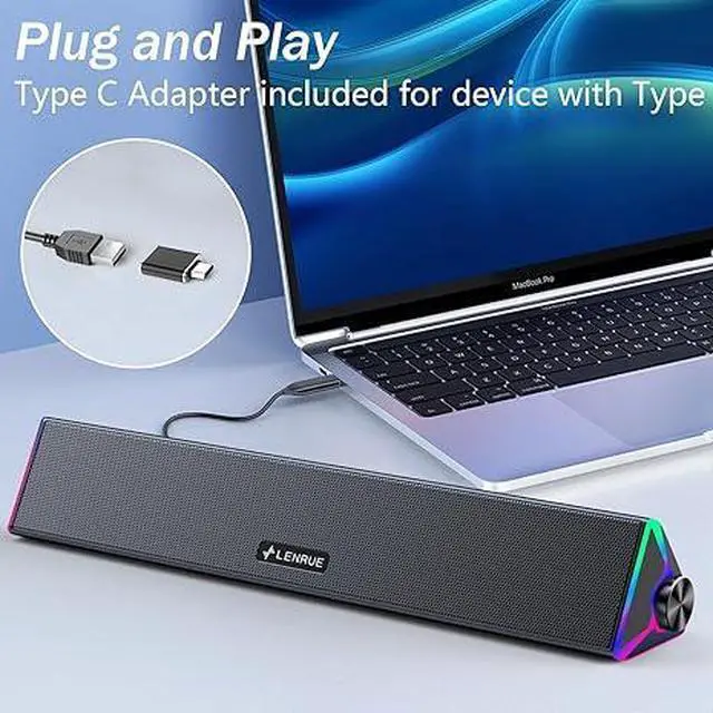 Alt view image 4 of 6 - Computer Speakers for Desktop,PC Speakers with Single USB for Power and Stereo Sound,Touch Lights Gaming Speakers Sound bar for Desktop PC Laptop(USB-C Adapter Included)
