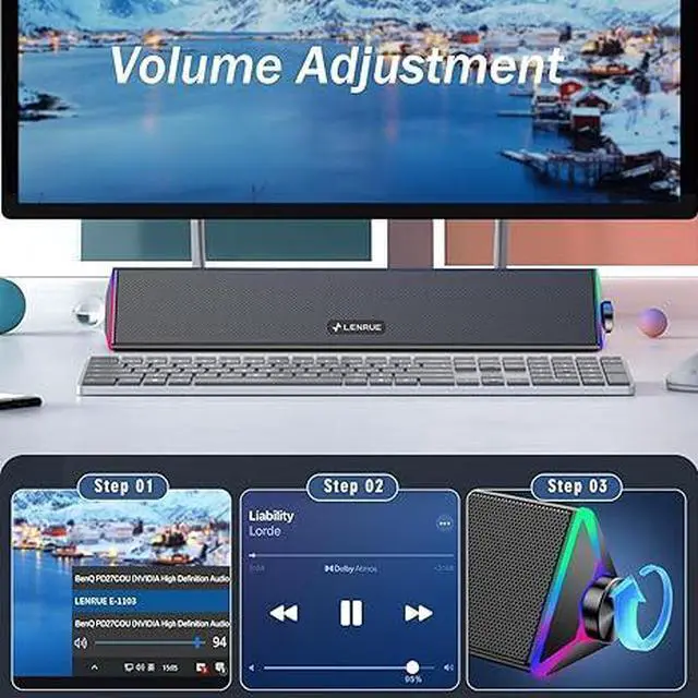 Alt view image 5 of 6 - Computer Speakers for Desktop,PC Speakers with Single USB for Power and Stereo Sound,Touch Lights Gaming Speakers Sound bar for Desktop PC Laptop(USB-C Adapter Included)